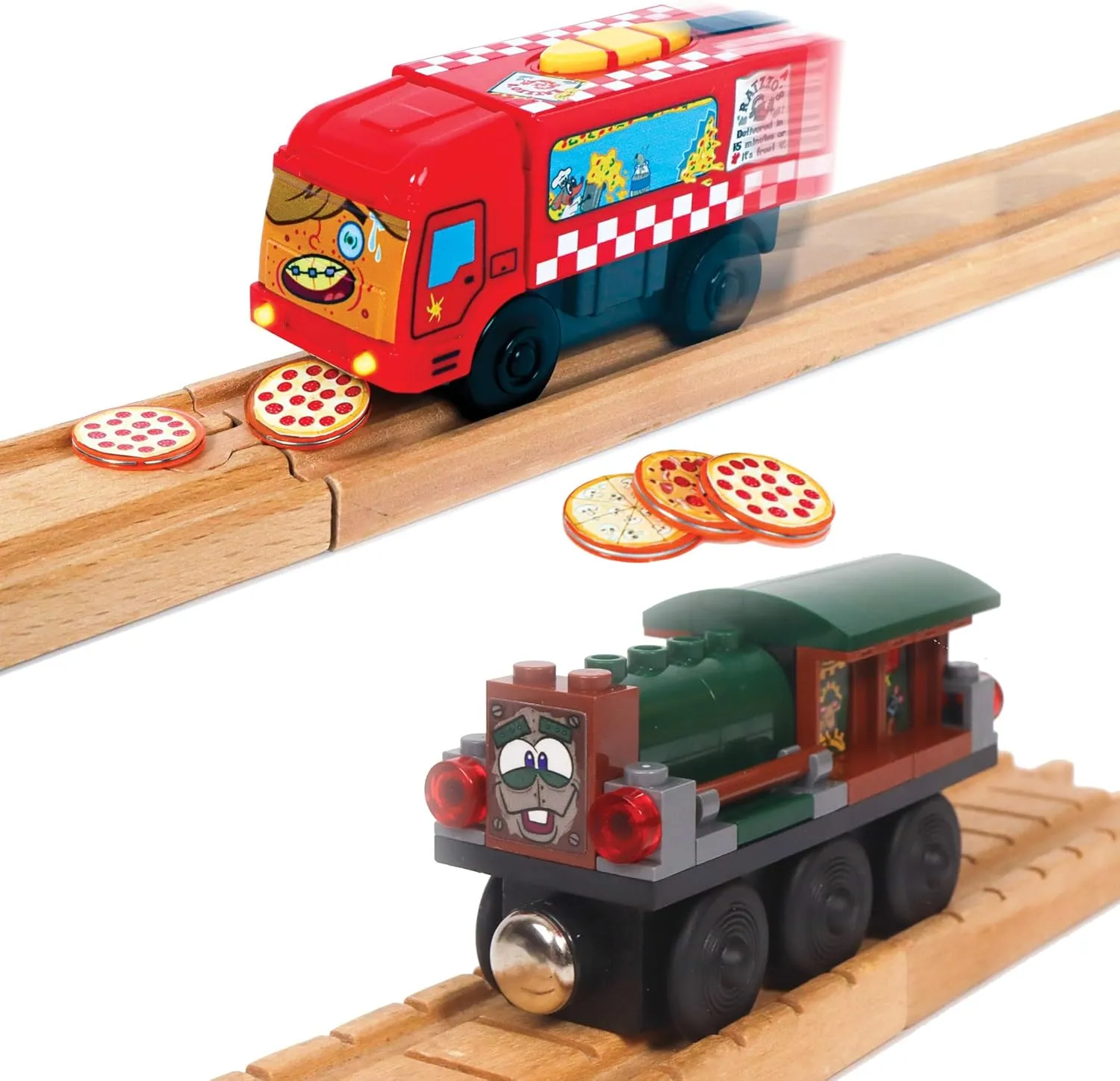 Motorized Train and Brick Built Train for Wooden Track - Pizza Themed Battery Operated Locomotive - Compatible With Block Brands - Electric Powered Engine for Wood Track - Pete-Za and Rustin' Dustin