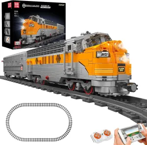 Mould King 12018 Technology Remote Controlled USA EMD F7 WP Diesel Locomotive Railways Train Lighting Building Blocks Set LED Light Building Kit 1541 Piece with Rail Delivery Clamp Blocks Kit