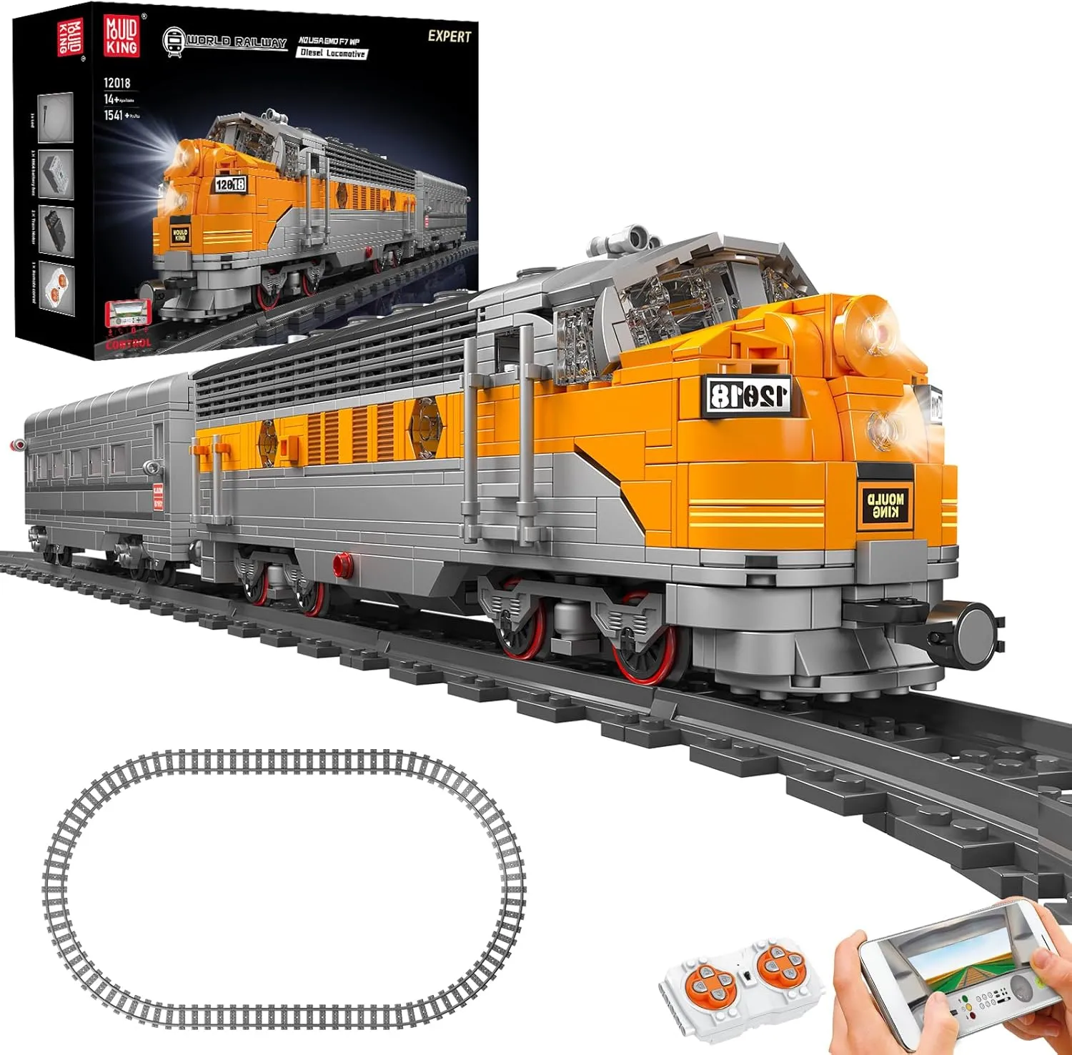 Mould King 12018 Technology Remote Controlled USA EMD F7 WP Diesel Locomotive Railways Train Lighting Building Blocks Set LED Light Building Kit 1541 Piece with Rail Delivery Clamp Blocks Kit