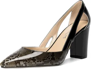 MOVINSTEPS Womens Patent Fashion Cut Out Slip On Pointed Toe Thick Dress Block High Heel Pumps Shoes 3.3 Inch