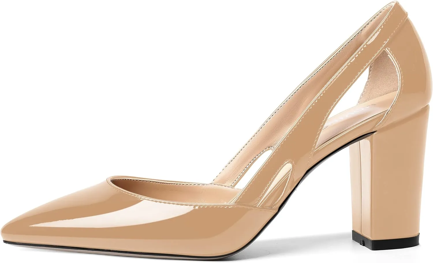 MOVINSTEPS Womens Patent Fashion Cut Out Slip On Pointed Toe Thick Dress Block High Heel Pumps Shoes 3.3 Inch