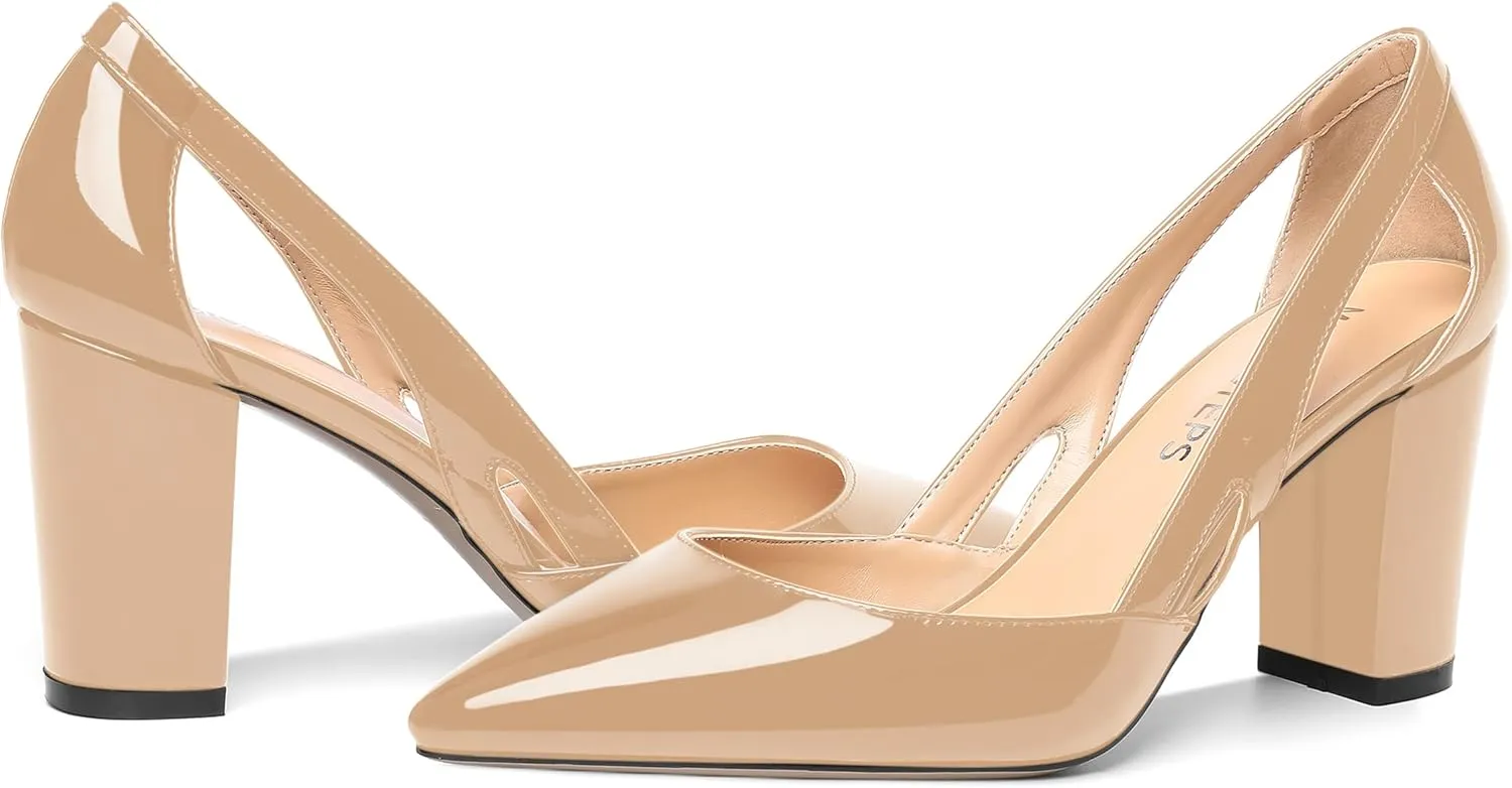 MOVINSTEPS Womens Patent Fashion Cut Out Slip On Pointed Toe Thick Dress Block High Heel Pumps Shoes 3.3 Inch