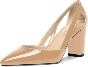 MOVINSTEPS Womens Patent Fashion Cut Out Slip On Pointed Toe Thick Dress Block High Heel Pumps Shoes 3.3 Inch
