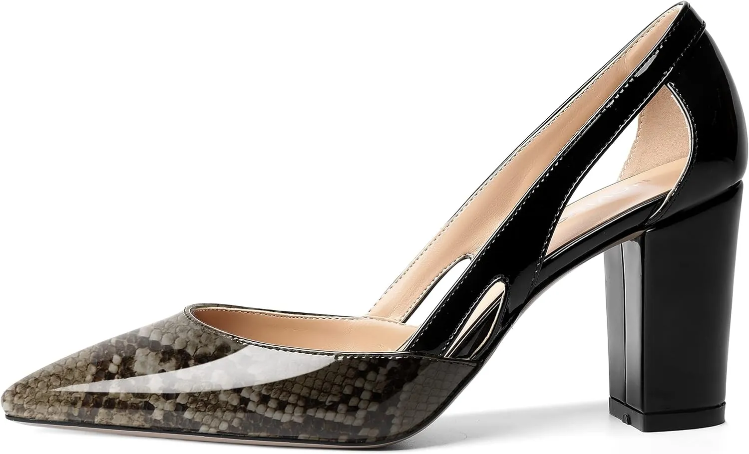 MOVINSTEPS Womens Patent Fashion Cut Out Slip On Pointed Toe Thick Dress Block High Heel Pumps Shoes 3.3 Inch