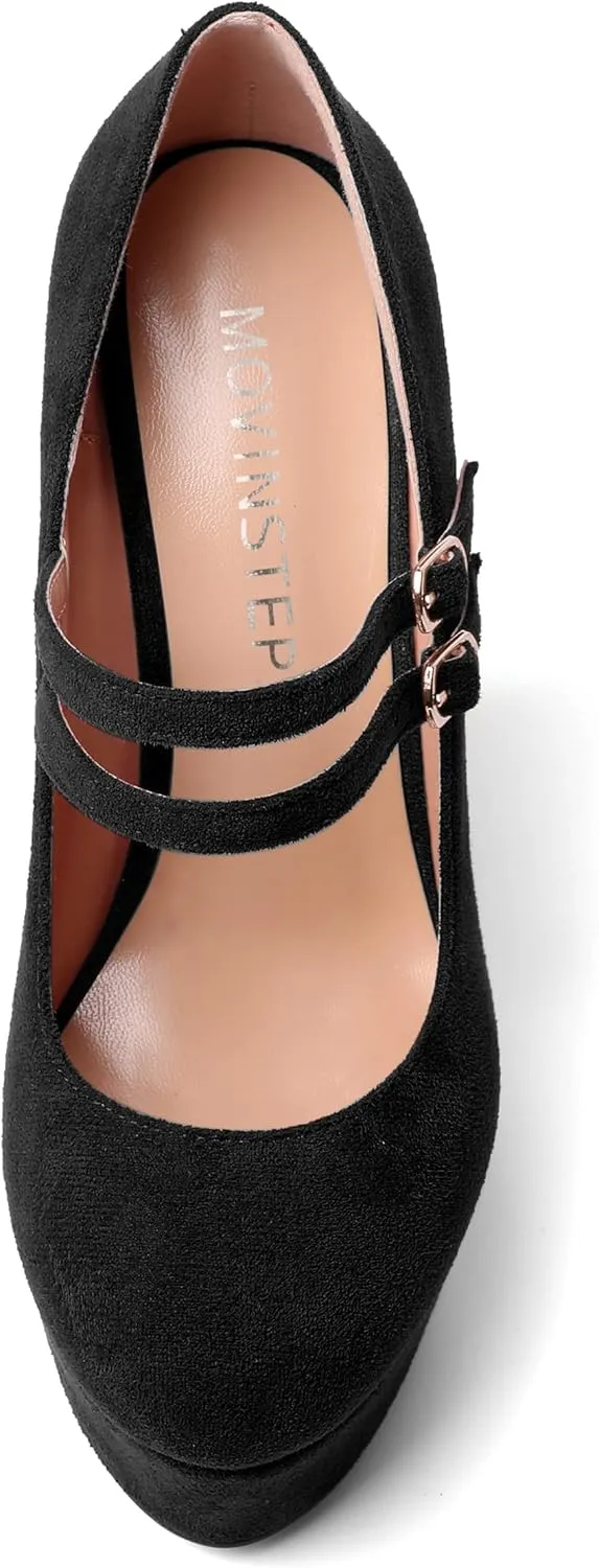 MOVINSTEPS Womens Suede Buckle Party Round Toe Adjustable Dual Straps Mary Jane Platform Dress Wedge High Heel Pumps Shoes 6 Inch
