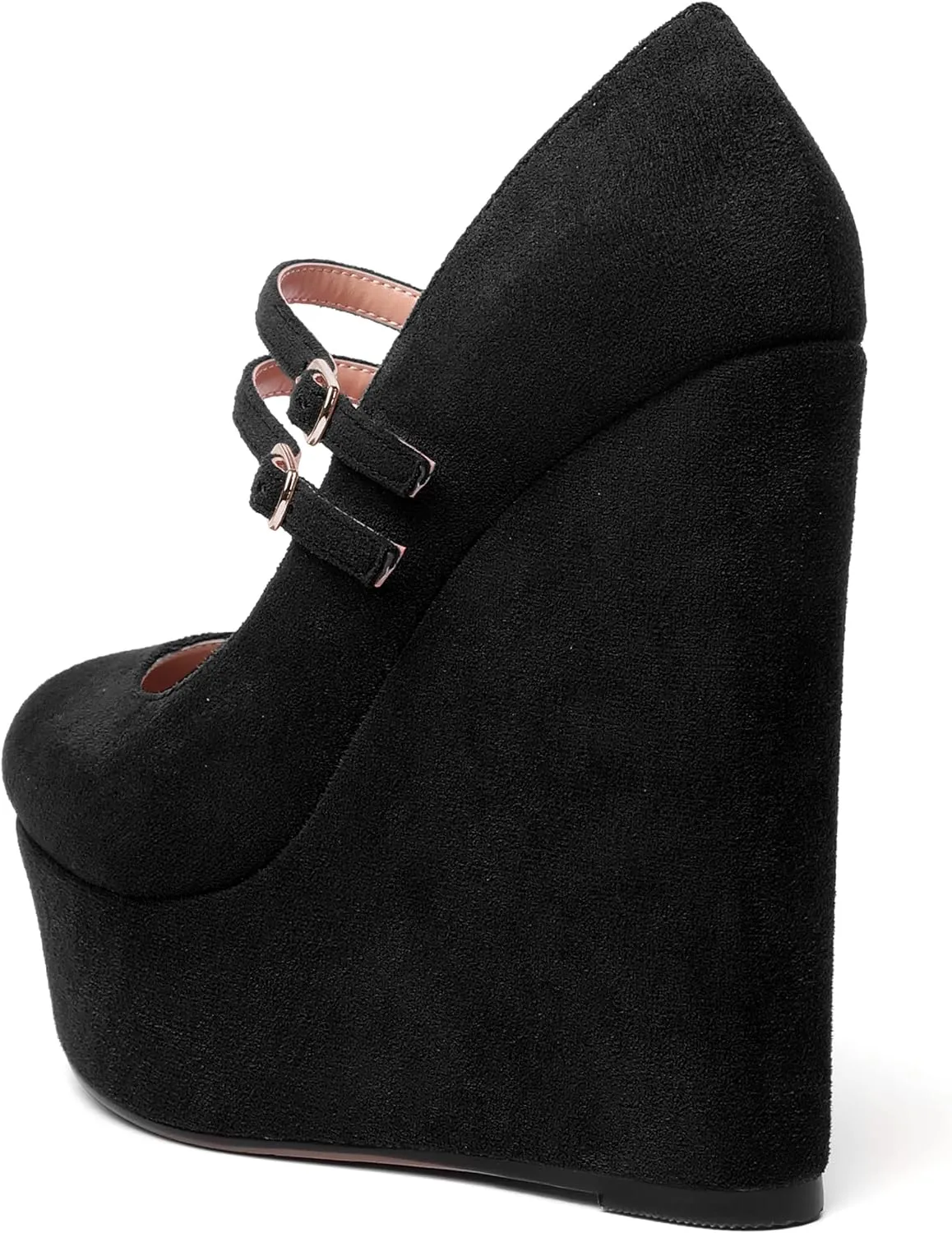 MOVINSTEPS Womens Suede Buckle Party Round Toe Adjustable Dual Straps Mary Jane Platform Dress Wedge High Heel Pumps Shoes 6 Inch