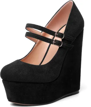 MOVINSTEPS Womens Suede Buckle Party Round Toe Adjustable Dual Straps Mary Jane Platform Dress Wedge High Heel Pumps Shoes 6 Inch