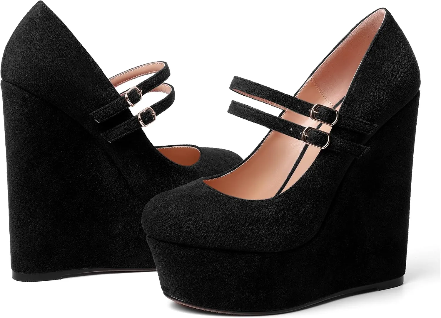 MOVINSTEPS Womens Suede Buckle Party Round Toe Adjustable Dual Straps Mary Jane Platform Dress Wedge High Heel Pumps Shoes 6 Inch