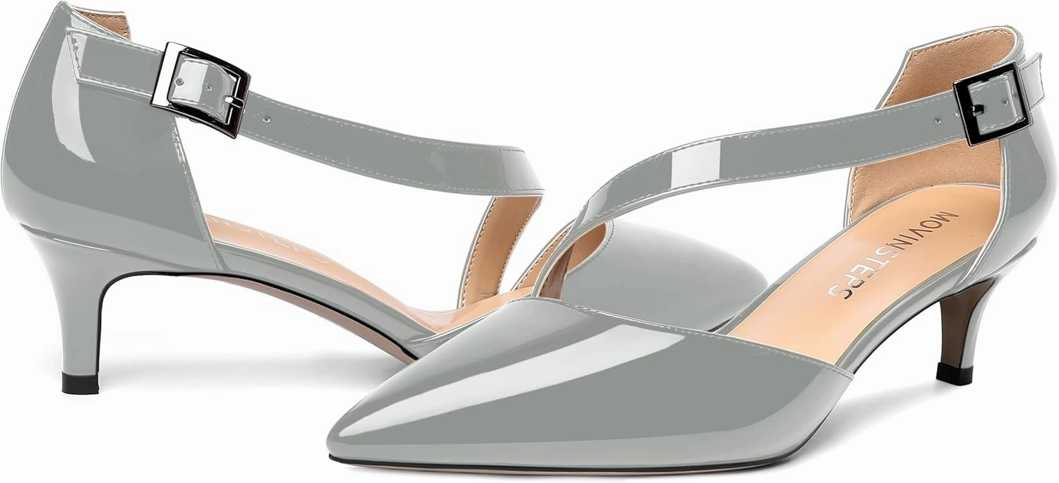 MOVINSTEPS Womens Buckle Dress D'Orsay Wedding Pointed Toe Patent Adjustable Strap Kitten Low Heel Pumps Shoes 2 Inch