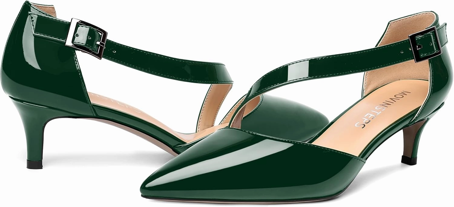 MOVINSTEPS Womens Buckle Dress D'Orsay Wedding Pointed Toe Patent Adjustable Strap Kitten Low Heel Pumps Shoes 2 Inch