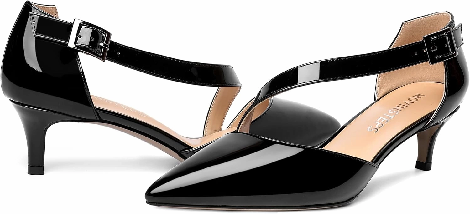 MOVINSTEPS Womens Buckle Dress D'Orsay Wedding Pointed Toe Patent Adjustable Strap Kitten Low Heel Pumps Shoes 2 Inch