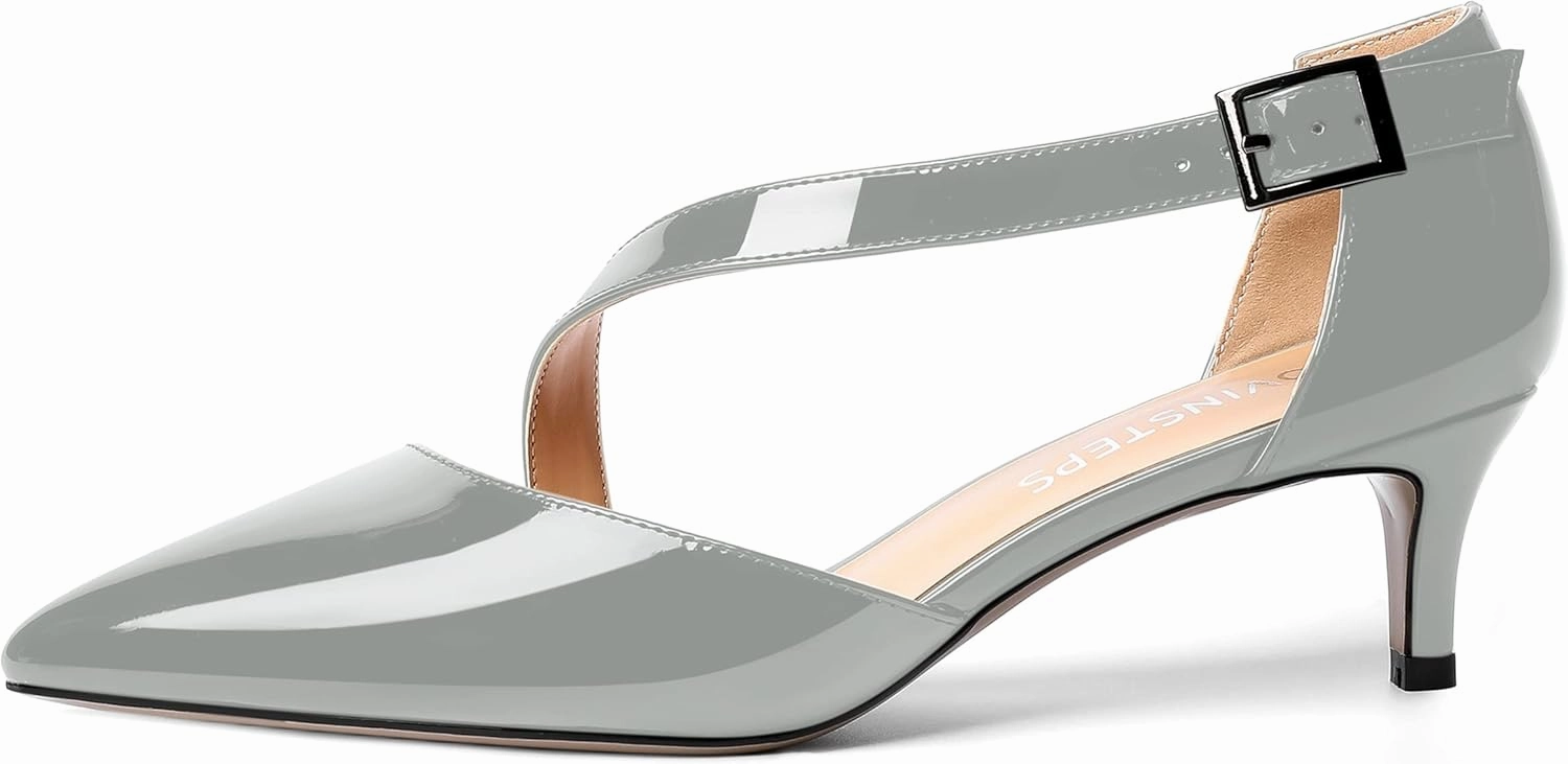 MOVINSTEPS Womens Buckle Dress D'Orsay Wedding Pointed Toe Patent Adjustable Strap Kitten Low Heel Pumps Shoes 2 Inch
