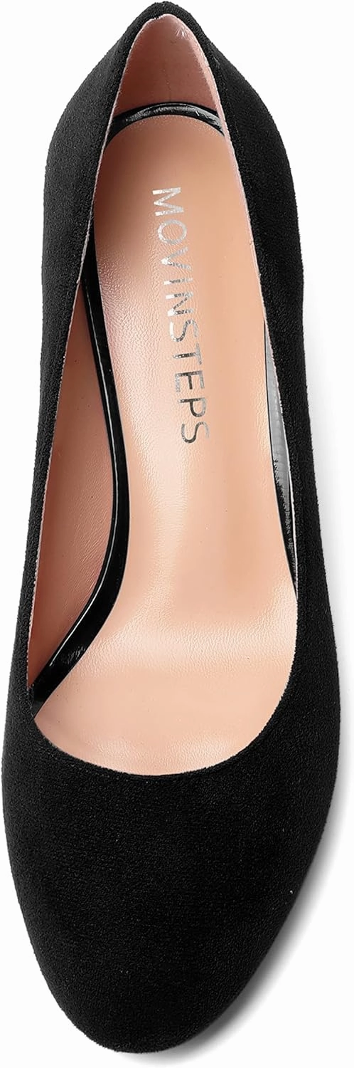 MOVINSTEPS Womens Dress Office Suede Slip On Round Toe Spool Low Heel Pumps Shoes 2 Inch