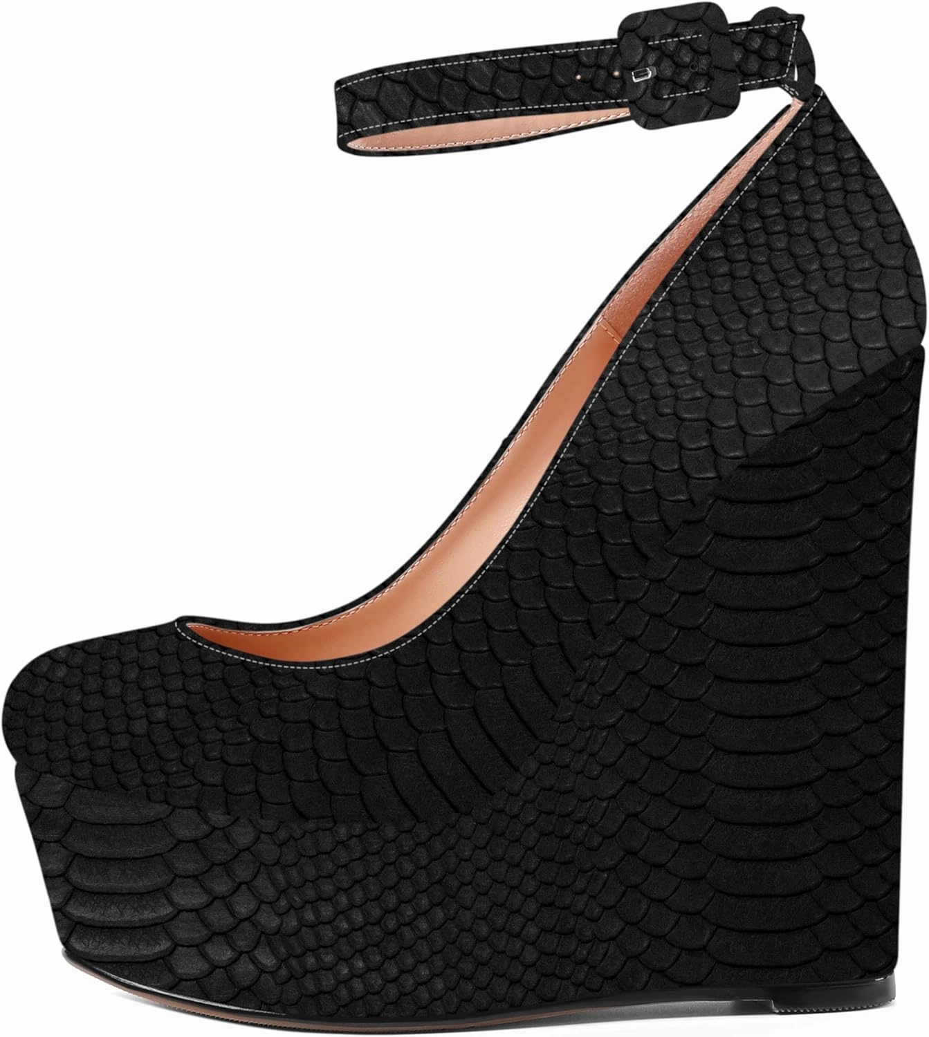 MOVINSTEPS Womens Evening Buckle Round Toe Ankle Strap Dress Platform Patent Wedge High Heel Pumps Shoes 6 Inch