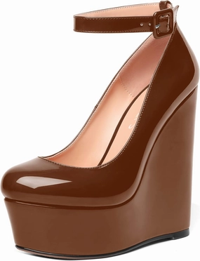 MOVINSTEPS Womens Evening Buckle Round Toe Ankle Strap Dress Platform Patent Wedge High Heel Pumps Shoes 6 Inch