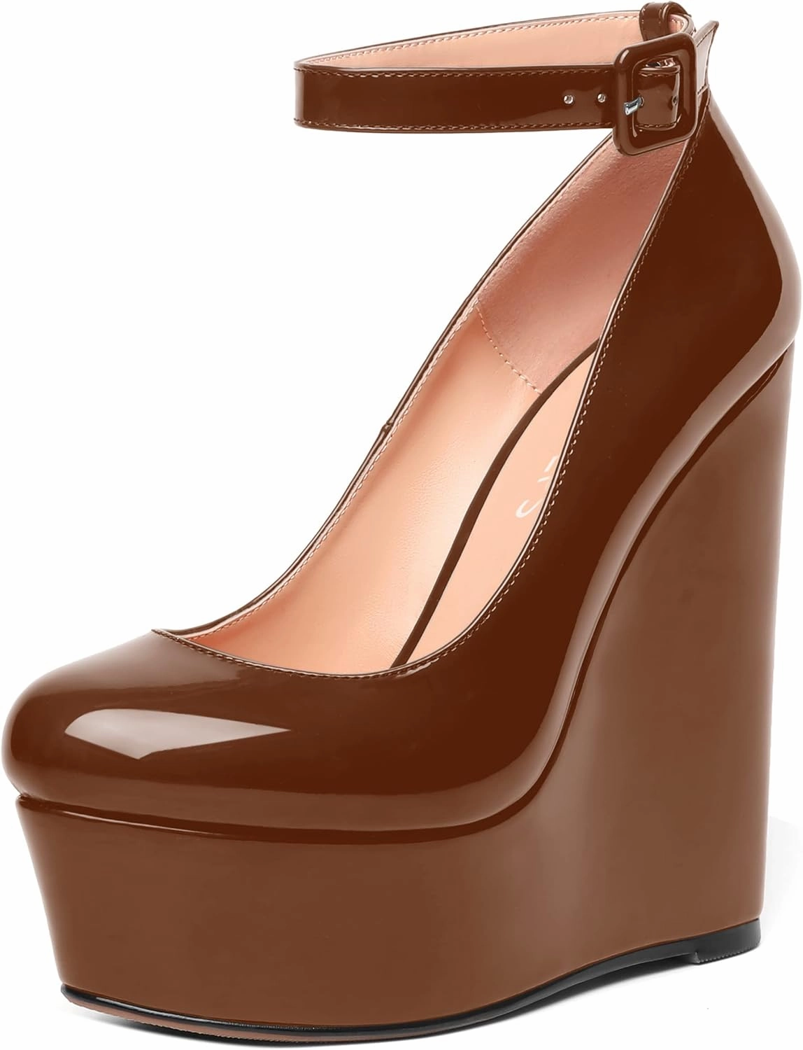 MOVINSTEPS Womens Evening Buckle Round Toe Ankle Strap Dress Platform Patent Wedge High Heel Pumps Shoes 6 Inch