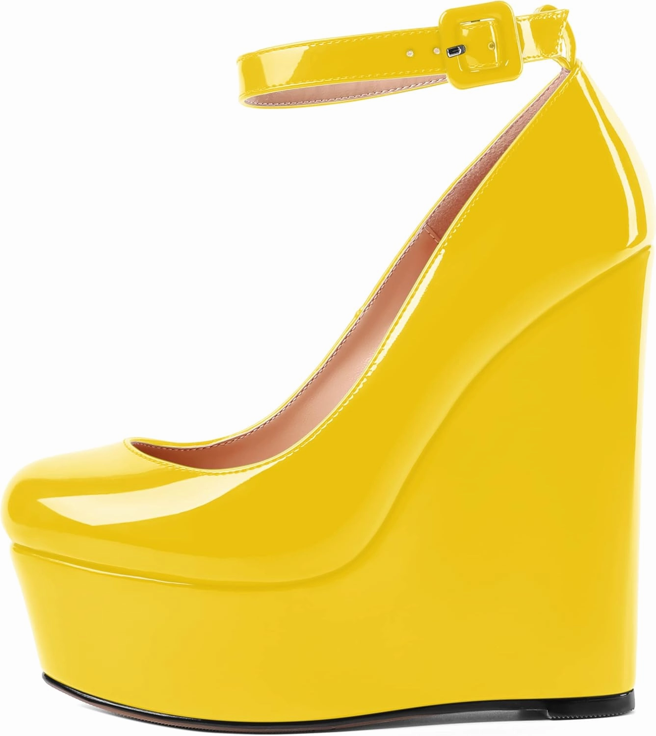 MOVINSTEPS Womens Evening Buckle Round Toe Ankle Strap Dress Platform Patent Wedge High Heel Pumps Shoes 6 Inch