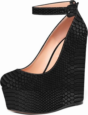 MOVINSTEPS Womens Evening Buckle Round Toe Ankle Strap Dress Platform Patent Wedge High Heel Pumps Shoes 6 Inch