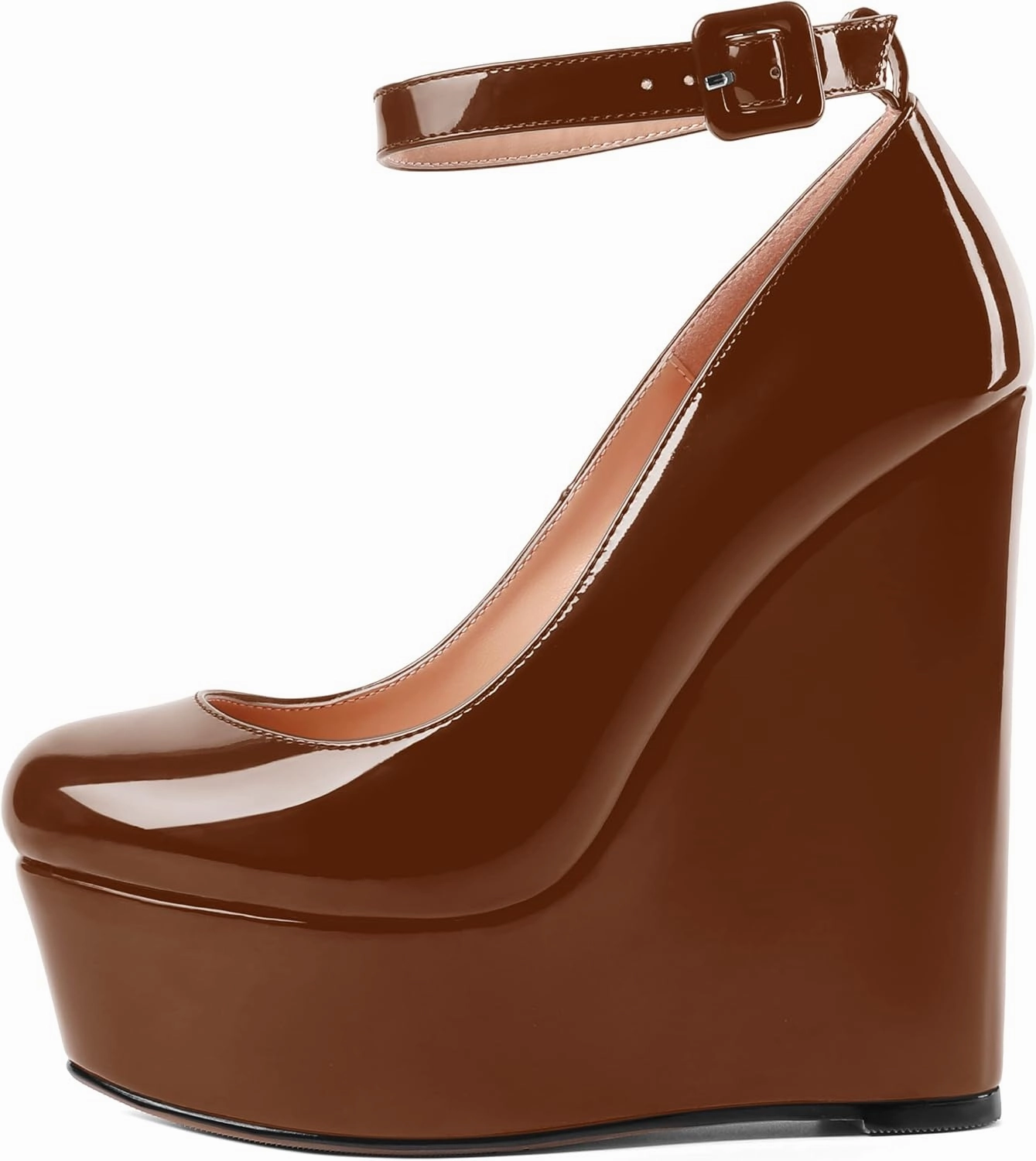 MOVINSTEPS Womens Evening Buckle Round Toe Ankle Strap Dress Platform Patent Wedge High Heel Pumps Shoes 6 Inch