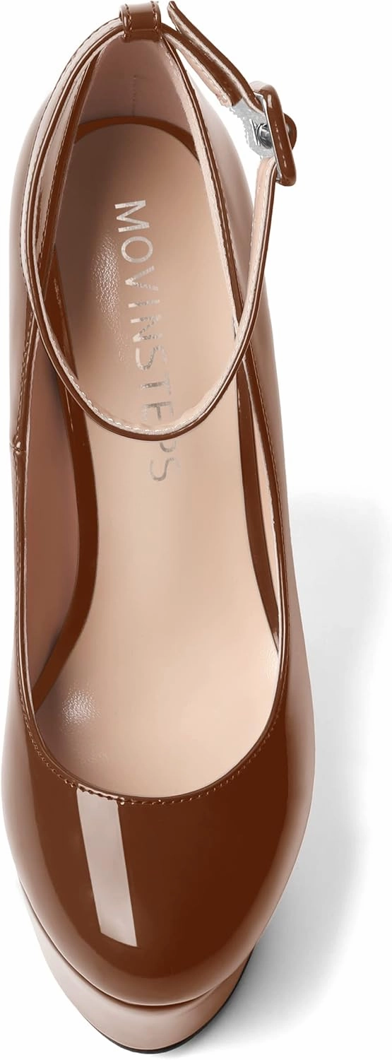 MOVINSTEPS Womens Evening Buckle Round Toe Ankle Strap Dress Platform Patent Wedge High Heel Pumps Shoes 6 Inch
