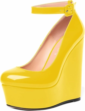 MOVINSTEPS Womens Evening Buckle Round Toe Ankle Strap Dress Platform Patent Wedge High Heel Pumps Shoes 6 Inch