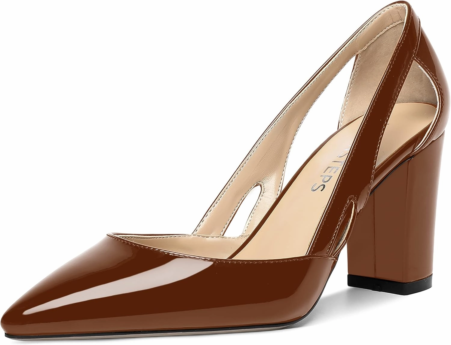 MOVINSTEPS Womens Patent Fashion Cut Out Slip On Pointed Toe Thick Dress Block High Heel Pumps Shoes 3.3 Inch