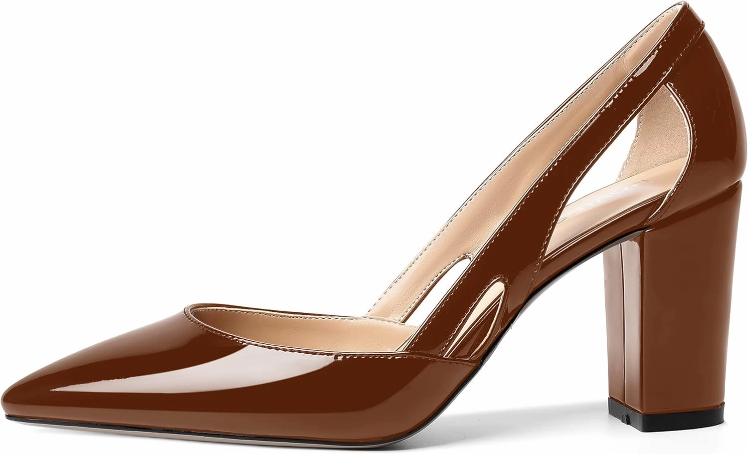 MOVINSTEPS Womens Patent Fashion Cut Out Slip On Pointed Toe Thick Dress Block High Heel Pumps Shoes 3.3 Inch