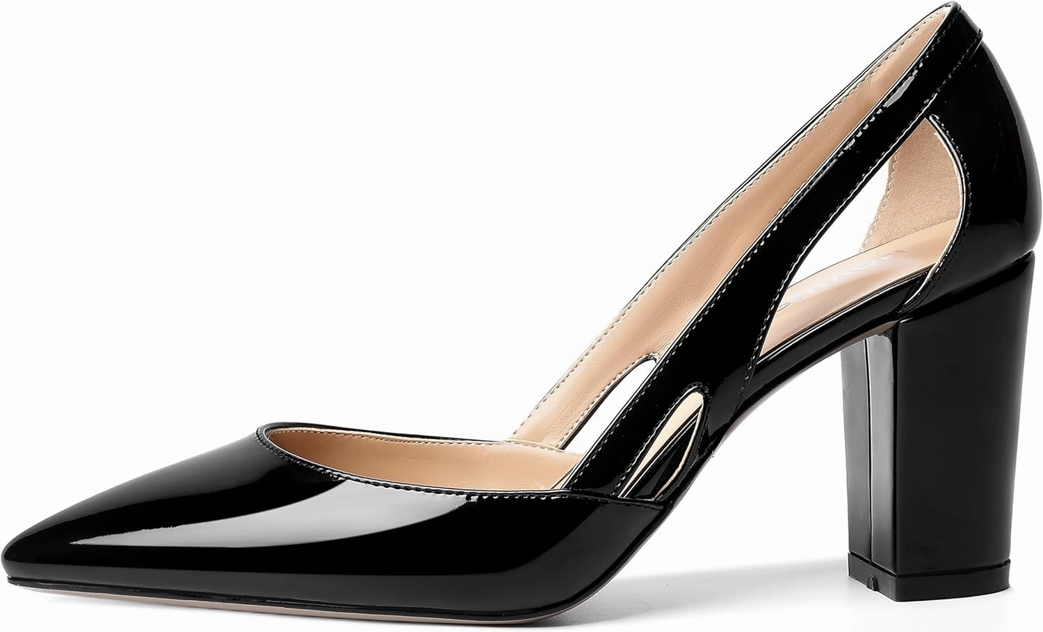 MOVINSTEPS Womens Patent Fashion Cut Out Slip On Pointed Toe Thick Dress Block High Heel Pumps Shoes 3.3 Inch