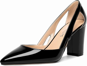 MOVINSTEPS Womens Patent Fashion Cut Out Slip On Pointed Toe Thick Dress Block High Heel Pumps Shoes 3.3 Inch