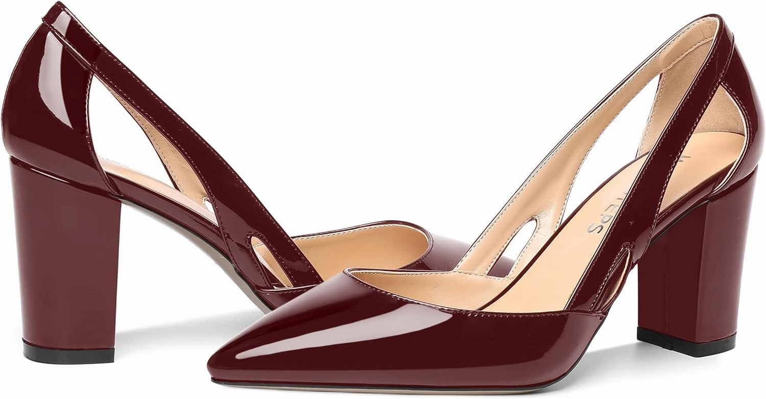 MOVINSTEPS Womens Patent Fashion Cut Out Slip On Pointed Toe Thick Dress Block High Heel Pumps Shoes 3.3 Inch