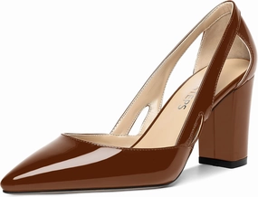 MOVINSTEPS Womens Patent Fashion Cut Out Slip On Pointed Toe Thick Dress Block High Heel Pumps Shoes 3.3 Inch