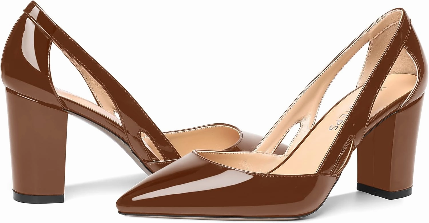 MOVINSTEPS Womens Patent Fashion Cut Out Slip On Pointed Toe Thick Dress Block High Heel Pumps Shoes 3.3 Inch