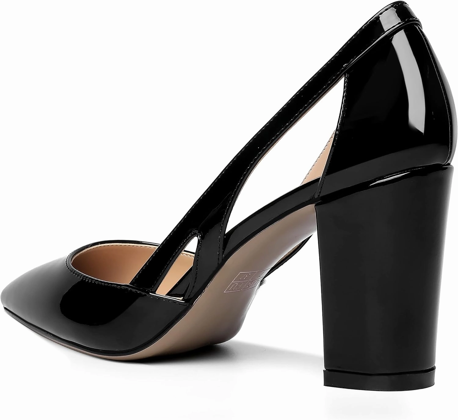 MOVINSTEPS Womens Patent Fashion Cut Out Slip On Pointed Toe Thick Dress Block High Heel Pumps Shoes 3.3 Inch