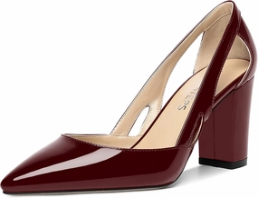 MOVINSTEPS Womens Patent Fashion Cut Out Slip On Pointed Toe Thick Dress Block High Heel Pumps Shoes 3.3 Inch