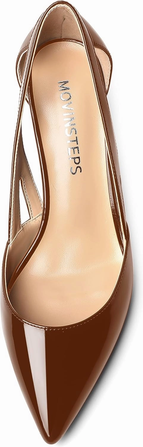 MOVINSTEPS Womens Patent Fashion Cut Out Slip On Pointed Toe Thick Dress Block High Heel Pumps Shoes 3.3 Inch