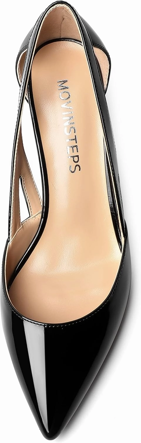 MOVINSTEPS Womens Patent Fashion Cut Out Slip On Pointed Toe Thick Dress Block High Heel Pumps Shoes 3.3 Inch