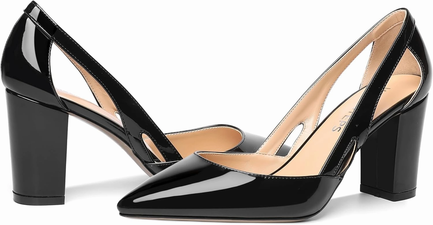 MOVINSTEPS Womens Patent Fashion Cut Out Slip On Pointed Toe Thick Dress Block High Heel Pumps Shoes 3.3 Inch