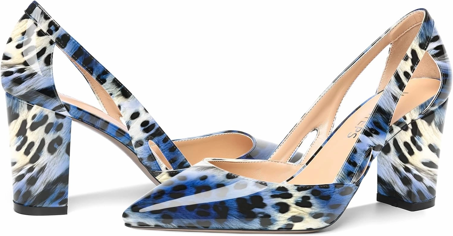 MOVINSTEPS Womens Patent Fashion Cut Out Slip On Pointed Toe Thick Dress Block High Heel Pumps Shoes 3.3 Inch