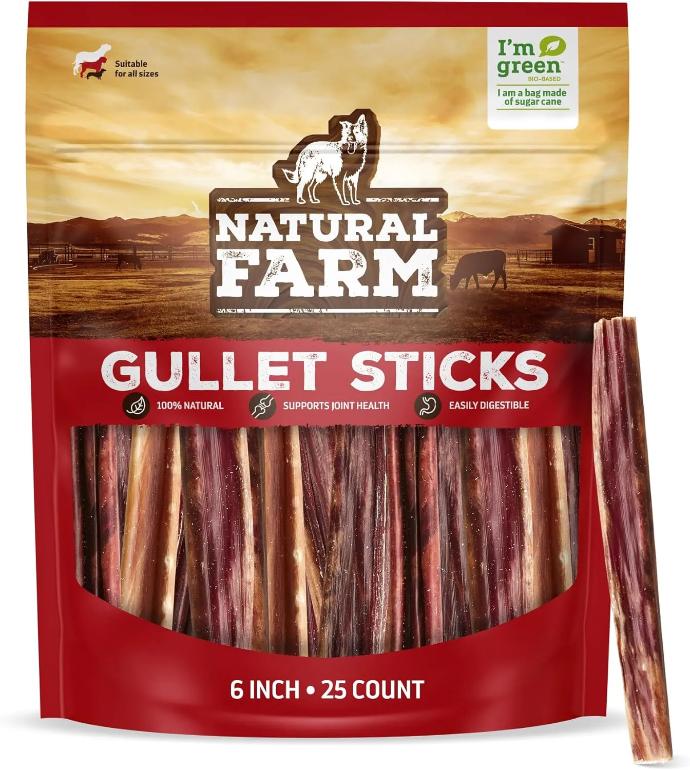 Natural Farm Gullet Sticks (6 Inch, 25 Pack), Grain-Free, Preservative-Free & Fully Digestible Beef Esophagus – Gentle Yet Effective Fun - Best for Light, Pups & Senior Chewers