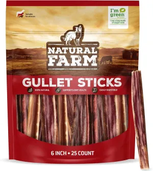 Natural Farm Gullet Sticks (6 Inch, 25 Pack), Grain-Free, Preservative-Free & Fully Digestible Beef Esophagus – Gentle Yet Effective Fun - Best for Light, Pups & Senior Chewers