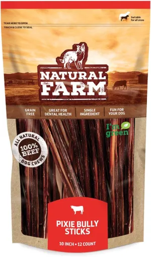 Natural Farm Pet Pizzle Bully Sticks (10 Inch, 12 Pack), Pixie Chew, Extra-Thin Pet Treats - Grain-Free, High Protein, Best Rawhide Alternative for Small, Puppies or Senior Dogs
