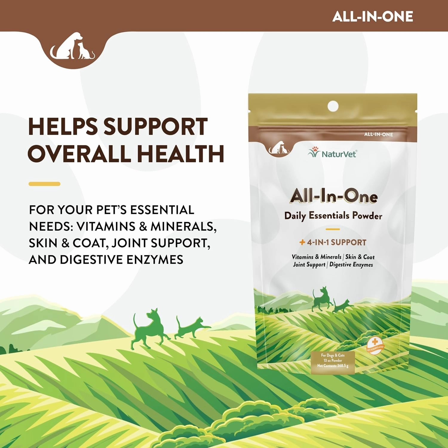 NaturVet All-in-One Dog Supplement - for Joint Support, Digestion, Skin, Coat Care – Dog Multivitamins with Minerals, Omega-3, 6, 9 – Wheat-Free Vitamins for Dogs – 13-Ounce Powder