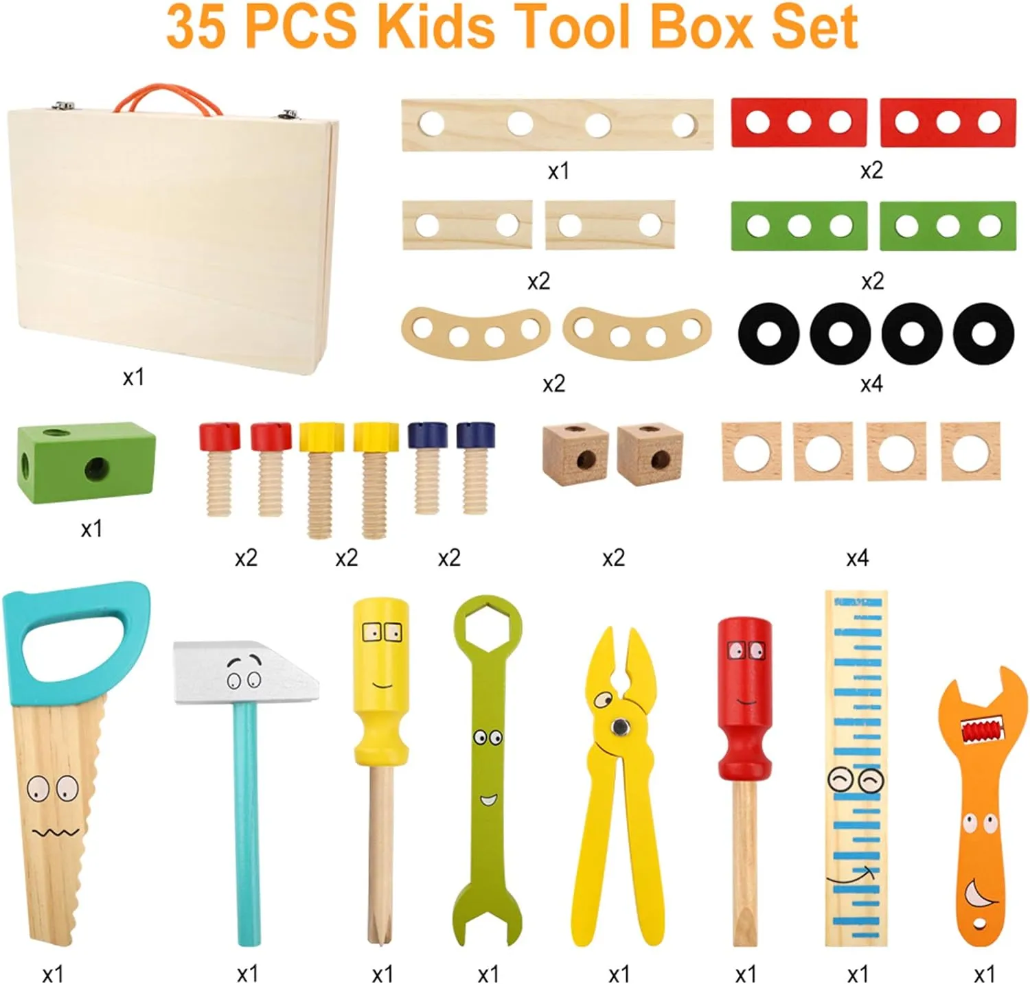 New in box! Aomola 35 Piece Tool Kit for Kids Wooden Tool Box Set with Colorful Tools Pretend Play Toys Gifts for Toddlers Boys Girls Educational Construction Toy
