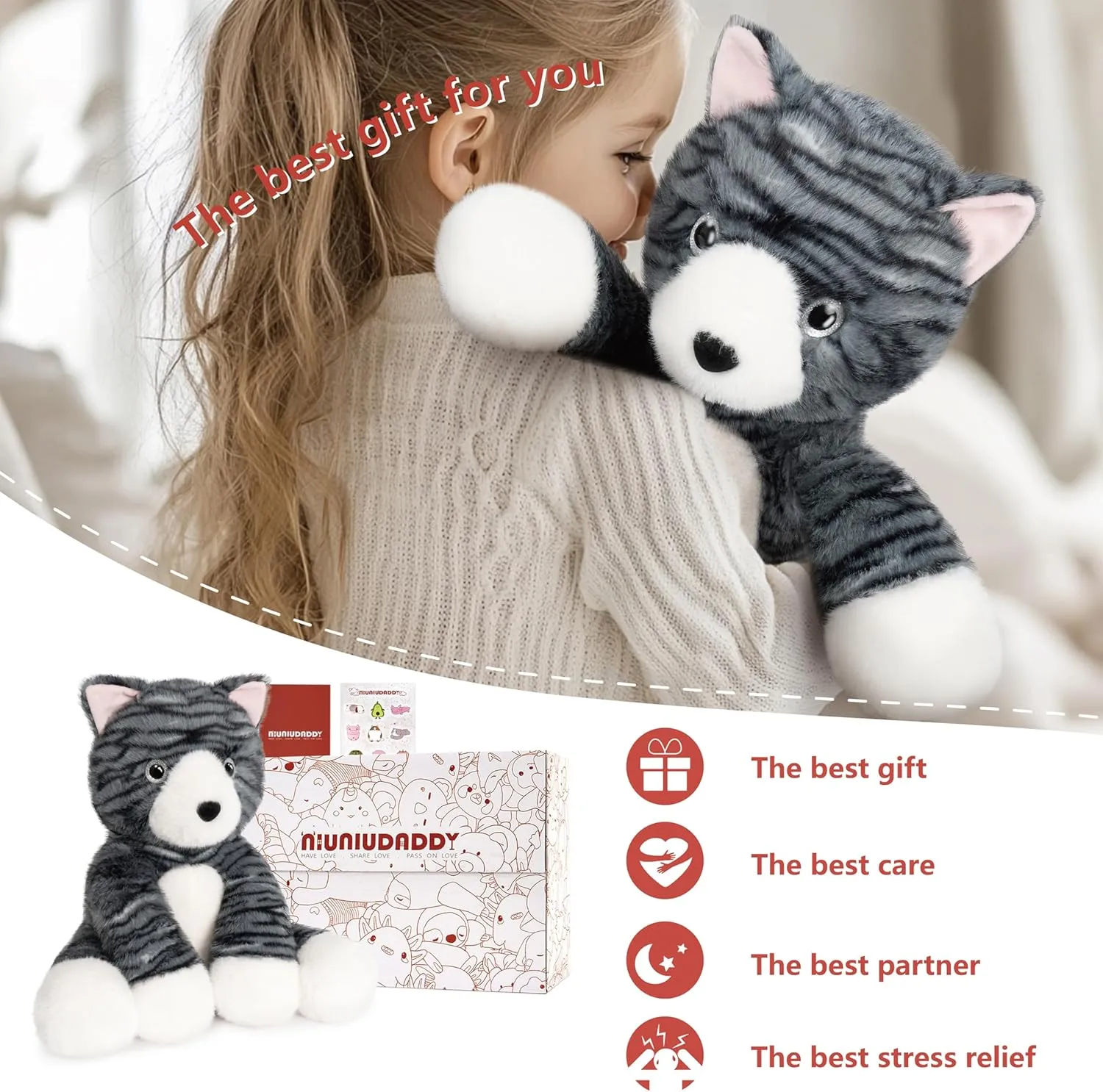 Niuniu Daddy 14" | 3.5 Pound Cat Weighted Stuffed Animal, Heavy Stuffed Cat Plush Toys for Kids Adults, Weighted Beads for Kitty Stuffed Animals Body Pillow for Present Birthday Holiday Christmas