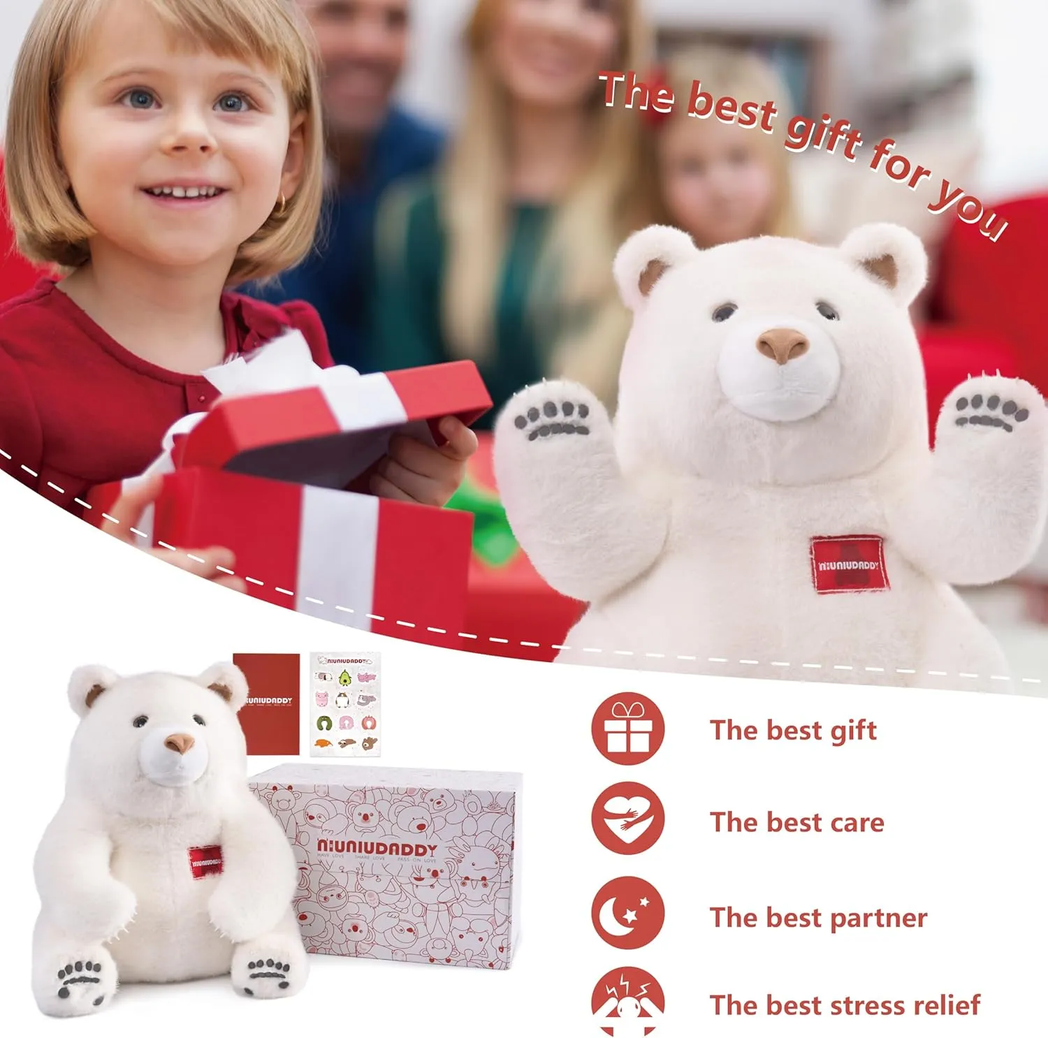Niuniu Daddy 14" | 3.5 Pound Teddy Bear Weighted Stuffed Animal, Cuddling Polar Bear Pillowfort Plus Toys for Kids Adults, Large White Bear Body Pillow for Sleep Hugging Present Birthday Holiday