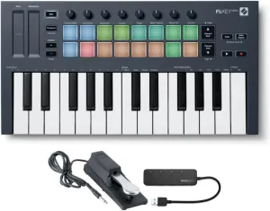 Novation FLkey Mini 25-Key MIDI Keyboard Controller for FL Studio Bundle with Sustain Pedal and 4-Port USB 3.0 Hub (3 Items)