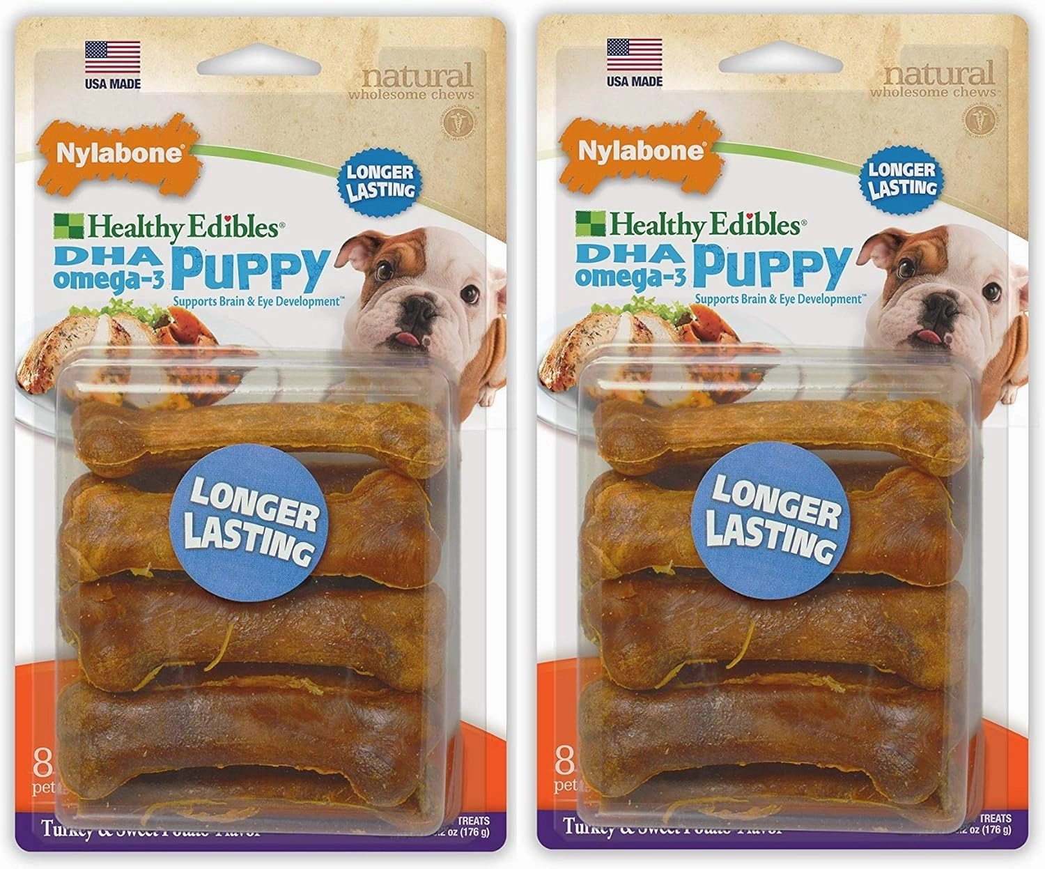 Nylabone 2 Pack of Healthy Edibles Turkey and Sweet Potato Puppy Chew Treats, 8 Treats Per Pack