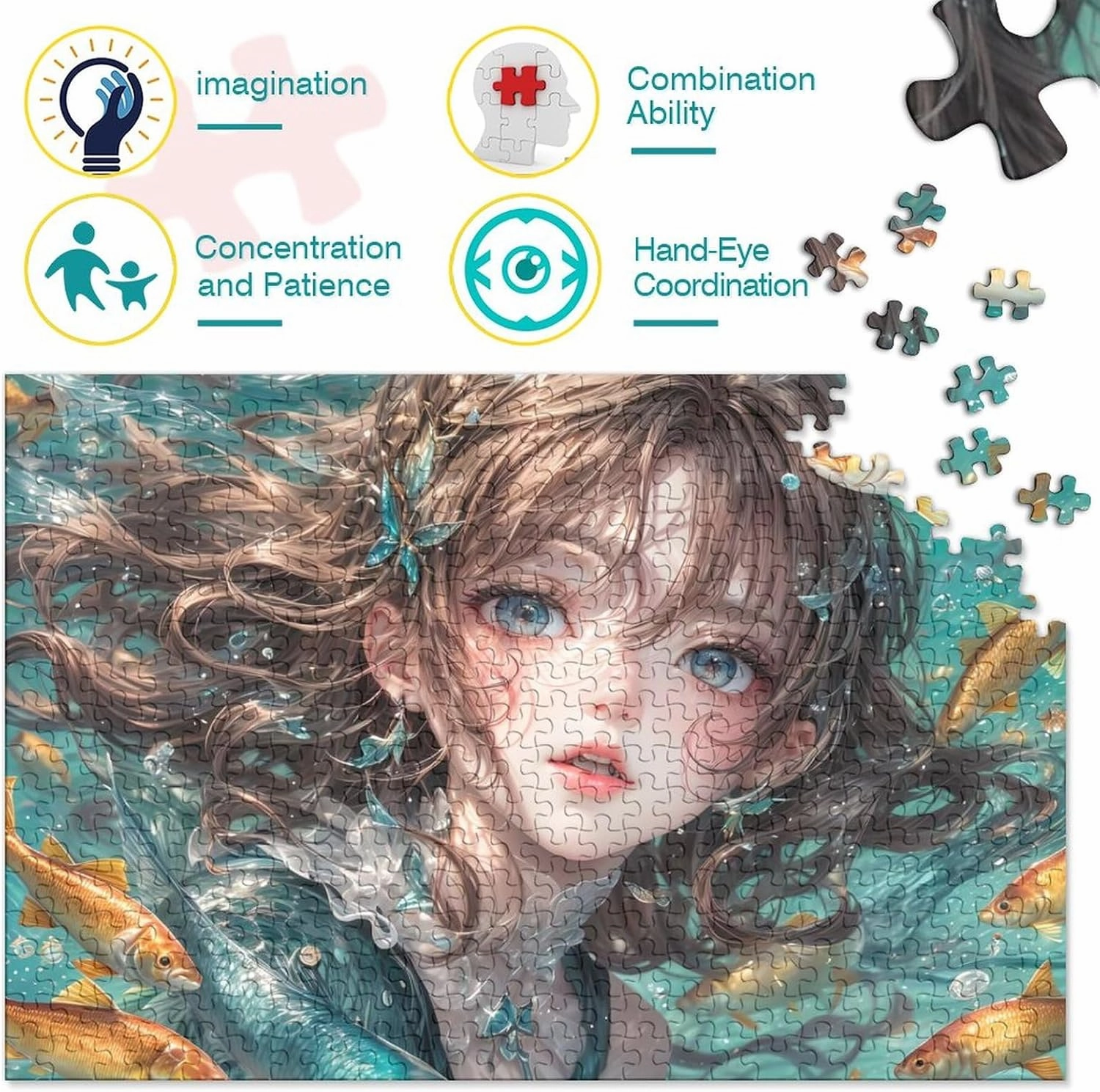 Ocean Girl for Adults Fun Jigsaw Puzzles 500 Pieces Fish and Girls Toy Intellectual Game Home Decoration Stress Relief Education Game Premium & Durable 500pcs (52x38cm)