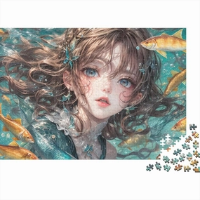 Ocean Girl for Adults Fun Jigsaw Puzzles 500 Pieces Fish and Girls Toy Intellectual Game Home Decoration Stress Relief Education Game Premium & Durable 500pcs (52x38cm)