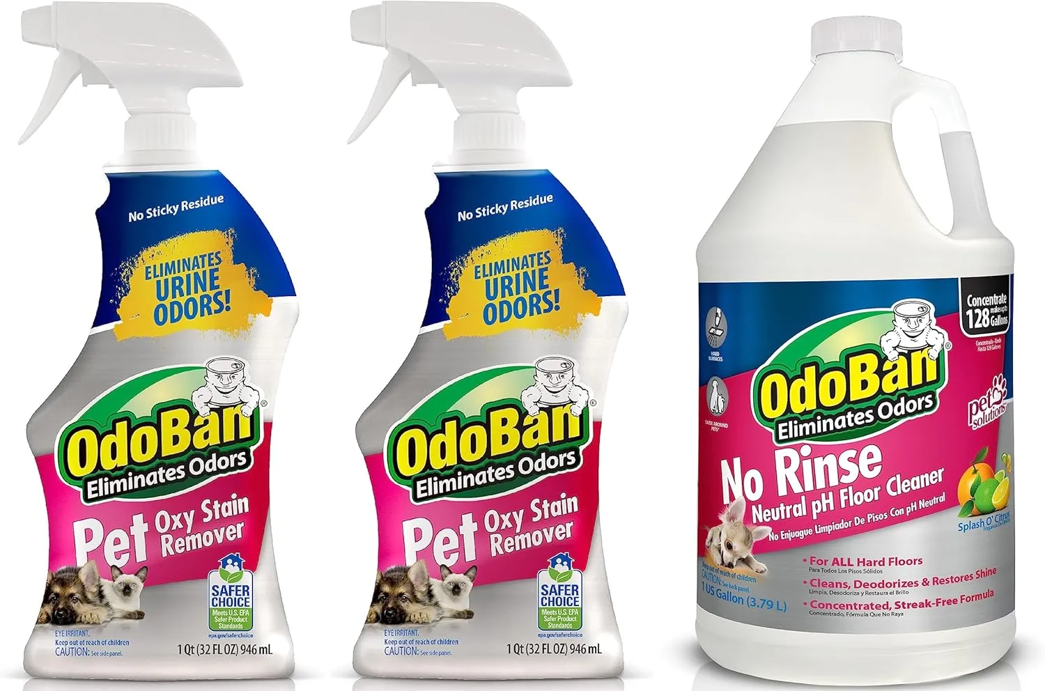 OdoBan Pet Solutions Oxy Stain Remover 2-Pack, 32 Ounce Sprays Each, and Neutral pH Floor Cleaner Concentrate, 1 Gallon